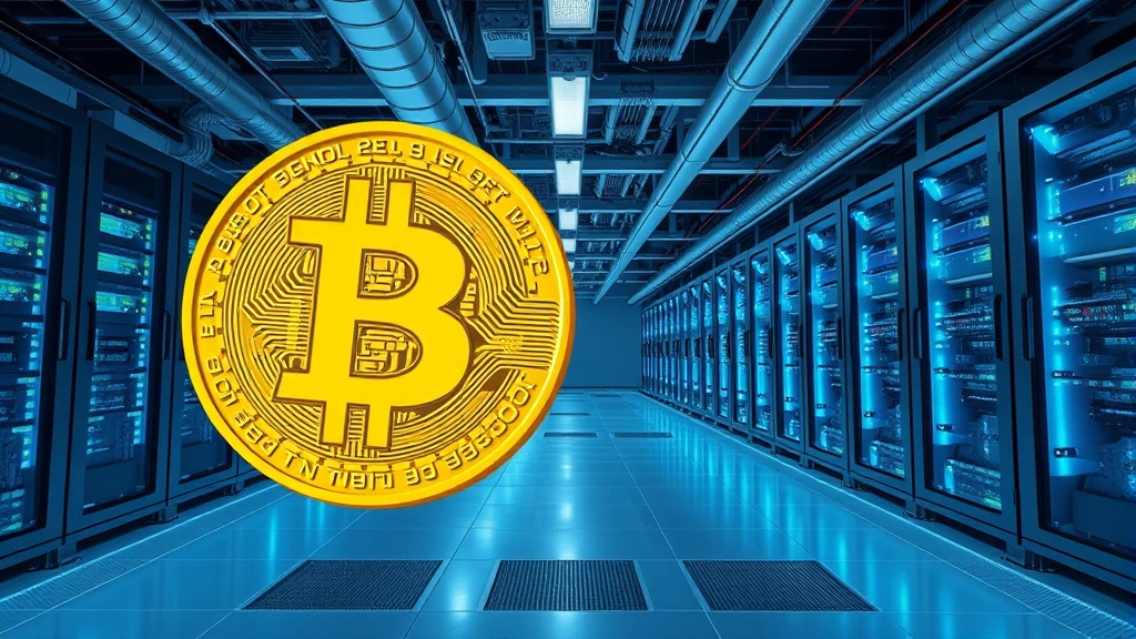Cryptocurrency mining facility with advanced computing equipment and cooling systems, illustrating the technical infrastructure supporting Bitcoin operations