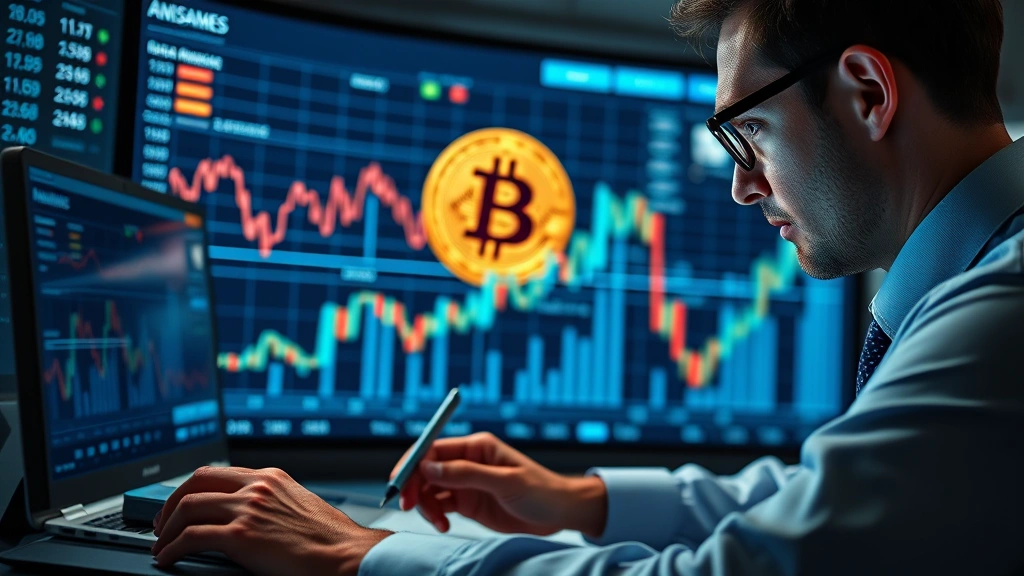 Photorealistic image of a financial analyst or investor studying market data with Bitcoin and blockchain technology visualizations, representing the analytical scrutiny and investor concerns surrounding large-scale corporate crypto positions
