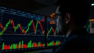 Photorealistic image of a modern trading terminal showing Bitcoin futures candlestick charts with green and red candles, professional dark interface, glowing monitors reflecting trader's face, cryptocurrency market data visualization, no text or numbers visible