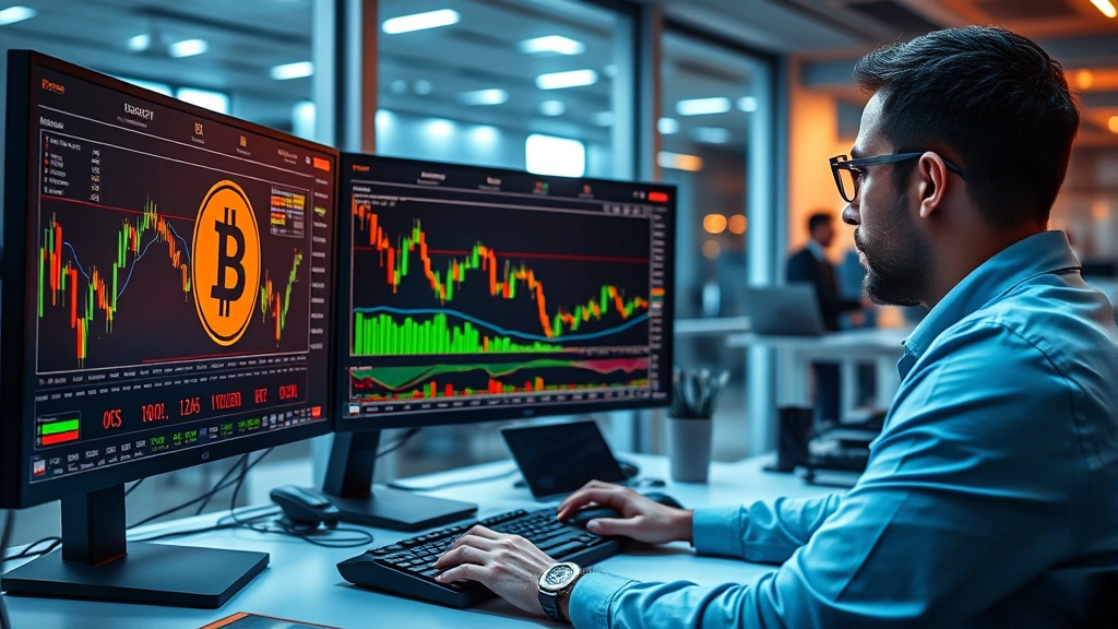 Photorealistic image of cryptocurrency trader monitoring Bitcoin price charts on multiple screens in modern office environment, displaying real-time market data with candlestick patterns and technical analysis tools, professional trading setup with keyboard and mouse visible