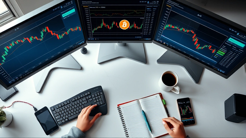 Photorealistic overhead shot of a professional trader's desk with multiple monitors displaying live Bitcoin price action, trading journal notebook, coffee cup, smartphone showing market alerts, minimalist workspace, natural lighting, no visible text