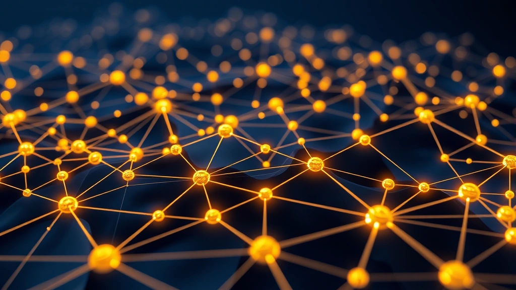 Photorealistic 3D visualization of blockchain network nodes connected with glowing lines, representing Bitcoin futures trading infrastructure, abstract digital landscape, deep blue and gold color scheme, no text or labels