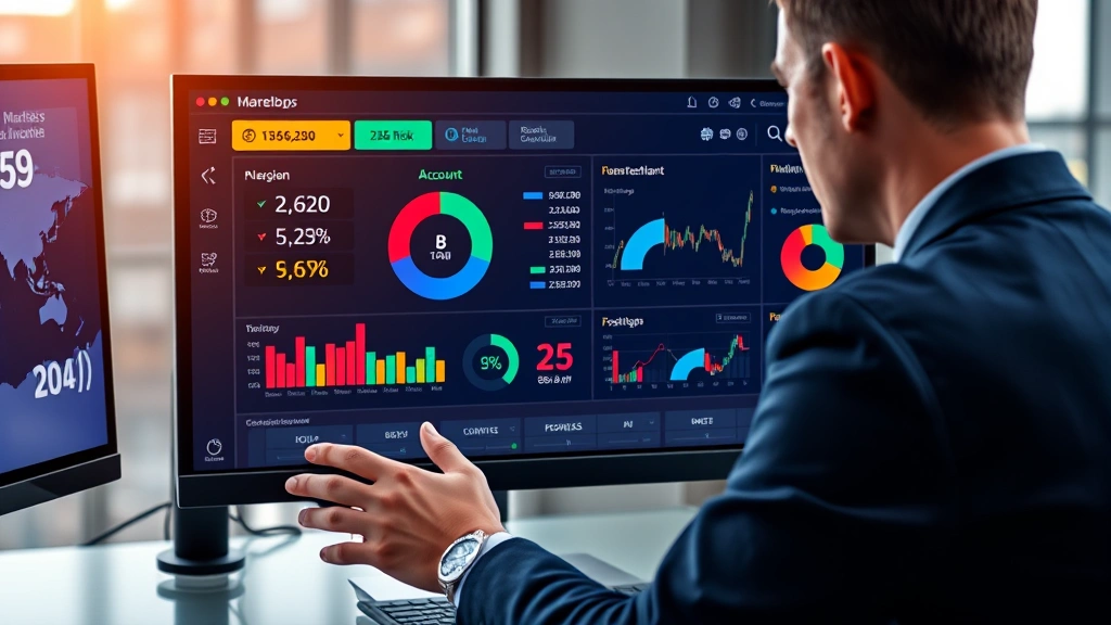 Photorealistic image of financial professional reviewing risk management dashboard displaying margin levels, account balance indicators, and portfolio allocation pie charts on computer monitor, showing trading platform interface with position management tools