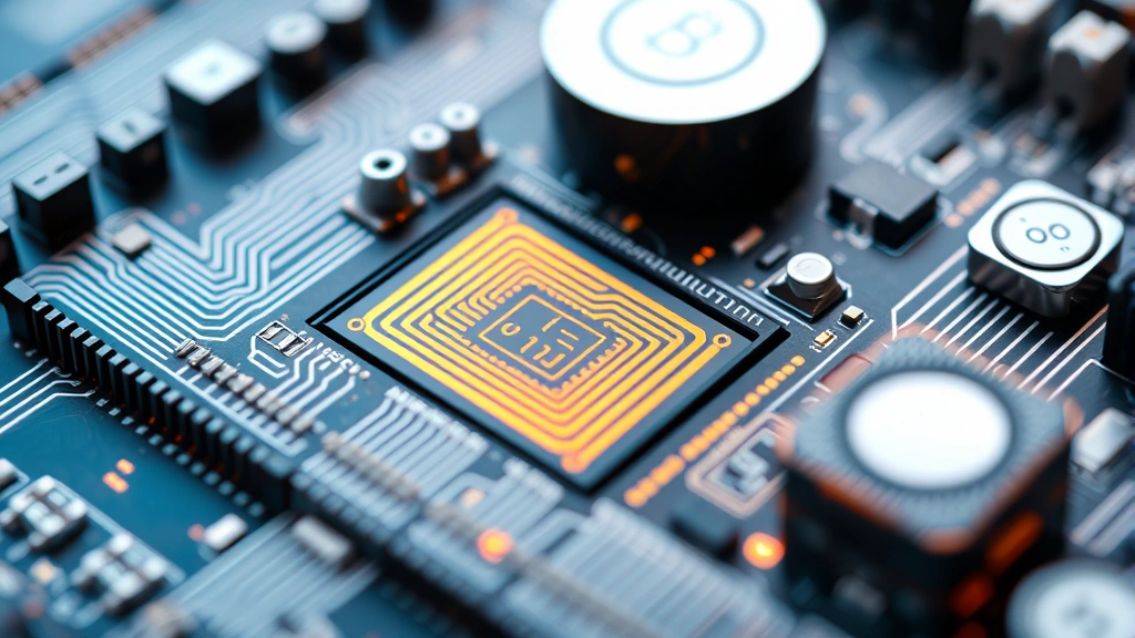 Close-up of advanced ASIC mining chip architecture showing circuit patterns and heat dissipation components, high-magnification technical photography of semiconductor mining hardware technology