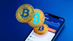 Digital Bitcoin coins floating above a smartphone screen displaying cryptocurrency wallet interface, blue and gold color scheme, modern fintech aesthetic, no charts or text visible