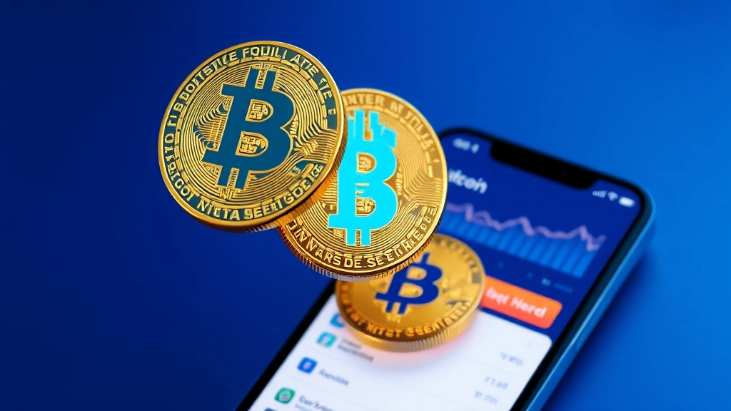Digital Bitcoin coins floating above a smartphone screen displaying cryptocurrency wallet interface, blue and gold color scheme, modern fintech aesthetic, no charts or text visible