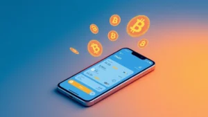 Photorealistic image of a smartphone displaying a Bitcoin wallet interface with glowing cryptocurrency symbols floating above it, modern minimalist design, blue and orange color scheme, no text visible