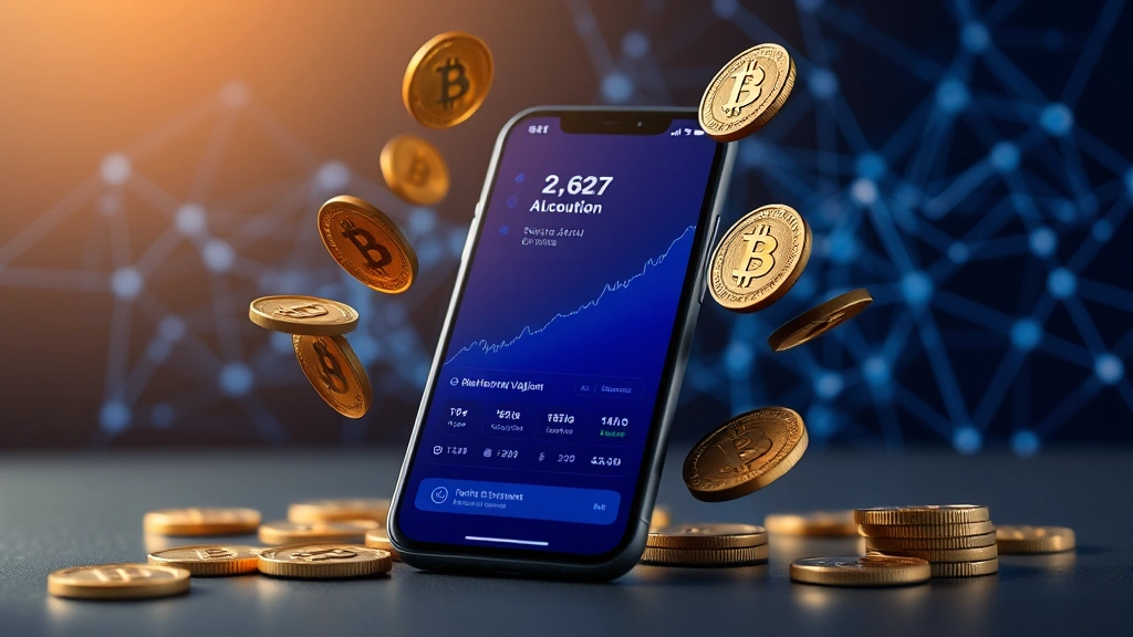 Digital wallet interface displaying Bitcoin accumulation on a smartphone screen, cryptocurrency coins floating around the device, blockchain network visualization in the background, modern minimalist design