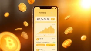 Digital illustration of a mobile phone screen displaying a Bitcoin wallet interface with accumulating satoshi amounts, warm golden light reflecting off the device, cryptocurrency symbols floating around, photorealistic modern design