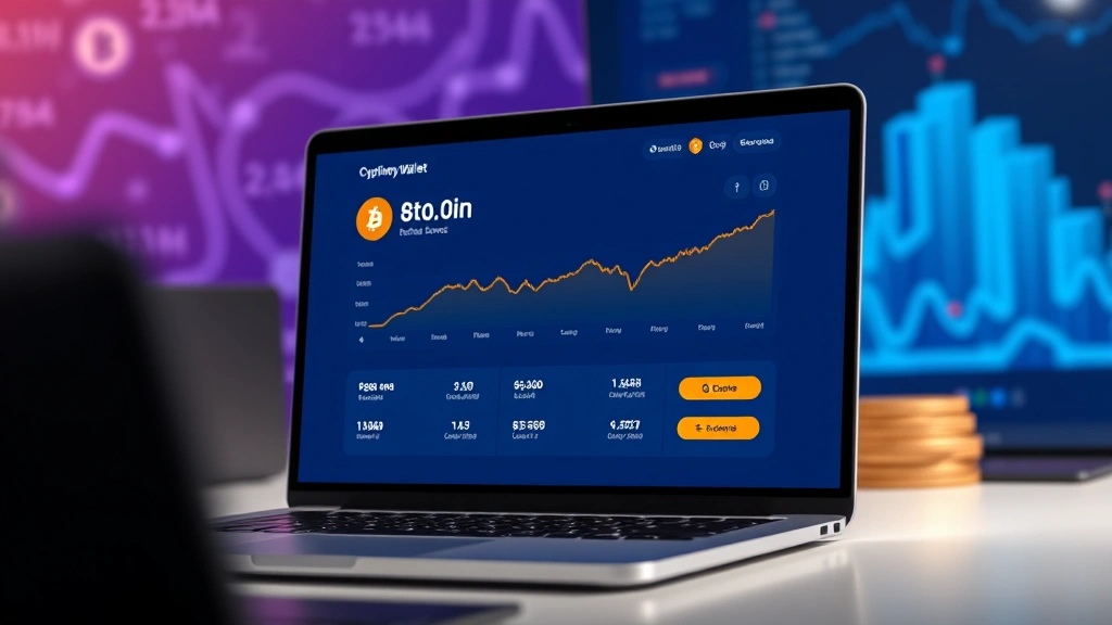 Photorealistic image of a laptop screen displaying a cryptocurrency wallet interface with Bitcoin balance increasing, modern minimalist design with blue and orange color scheme, no text or numbers visible, clean desk environment with cryptocurrency-themed background blur
