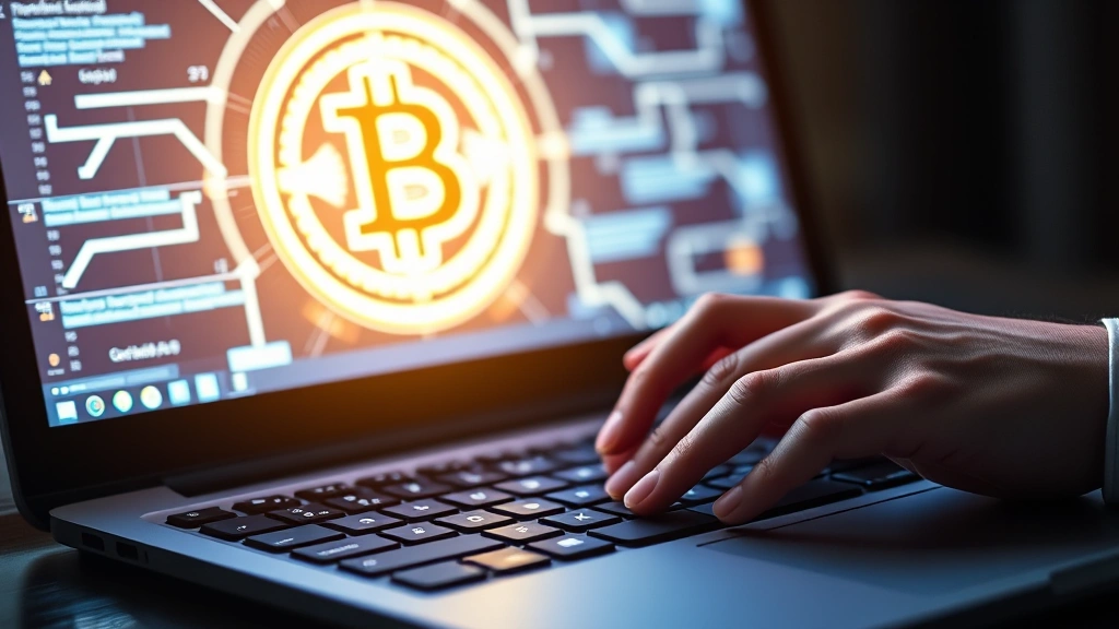 Close-up of hands typing on laptop keyboard with Bitcoin symbol glowing above the screen, secure padlock symbol integrated into interface, cybersecurity themed, photorealistic lighting