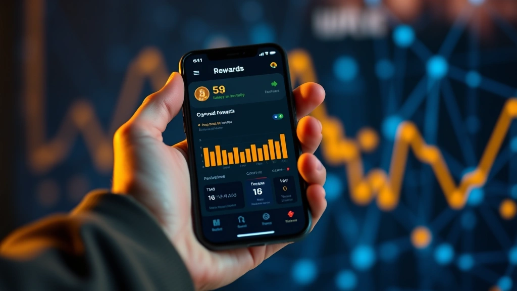 Photorealistic close-up of a hand holding a smartphone showing a rewards dashboard with progress bars and cryptocurrency symbols, warm lighting, blurred background with blockchain network visualization, no readable text or specific numbers on screen