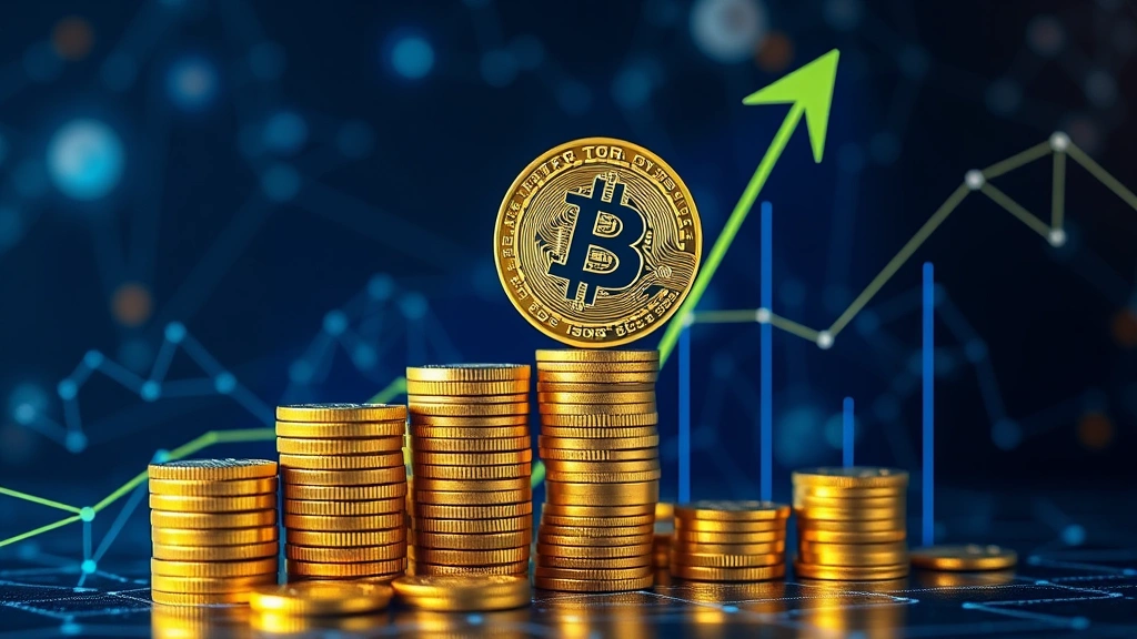 Bitcoin mining and earning concept with satoshi coins stacking up, growth chart trending upward, digital currency symbols, blockchain network nodes connecting, futuristic financial technology visualization