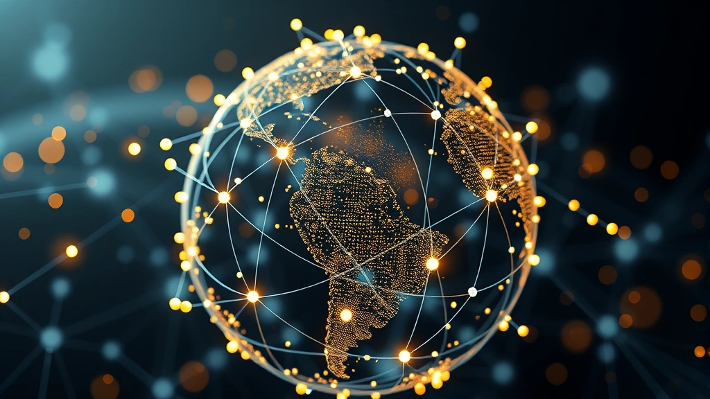 Abstract visualization of Bitcoin network nodes and connections forming a globe, blockchain technology representation, glowing digital particles, cryptocurrency ecosystem concept, photorealistic 3D rendering with depth of field