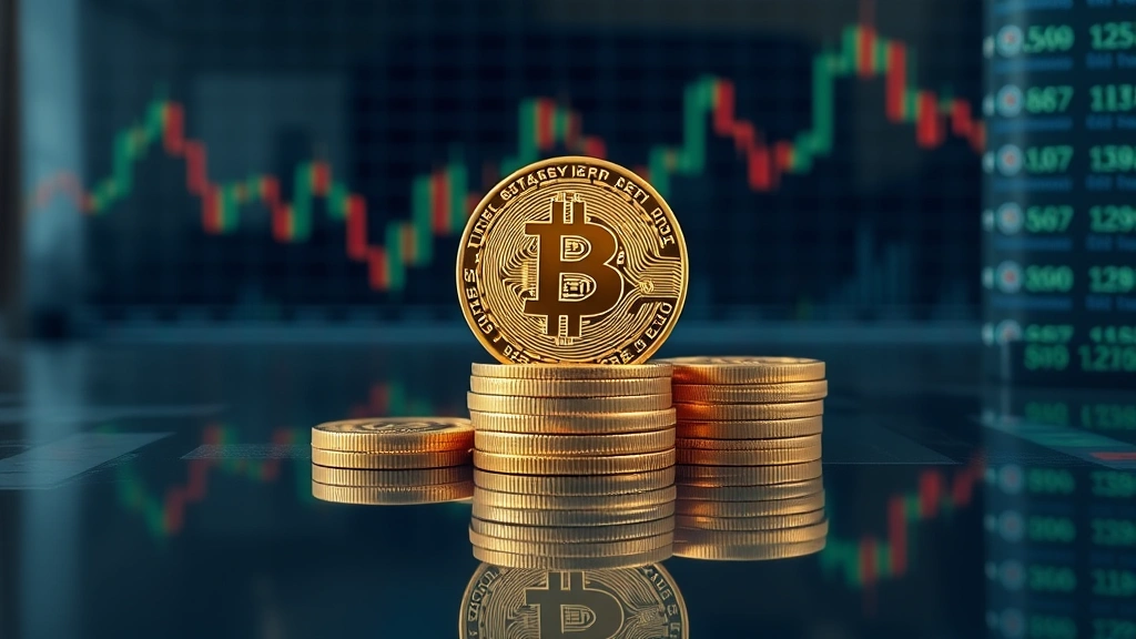 Photorealistic image of stacked Bitcoin coins photographed from above on a reflective surface, soft lighting creating depth, blurred cryptocurrency exchange interface in background, modern professional setting, no visible text or ticker information