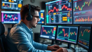 Cryptocurrency trader studying multiple monitors displaying blockchain networks, digital coins, and market data in a professional trading environment with modern technology