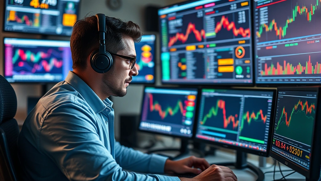 Cryptocurrency trader studying multiple monitors displaying blockchain networks, digital coins, and market data in a professional trading environment with modern technology