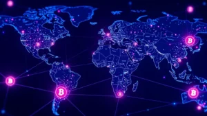 A futuristic digital visualization of blockchain networks interconnecting globally, with glowing nodes representing Solana and Bitcoin validators distributed across continents, photorealistic 3D rendering with deep blues and purples