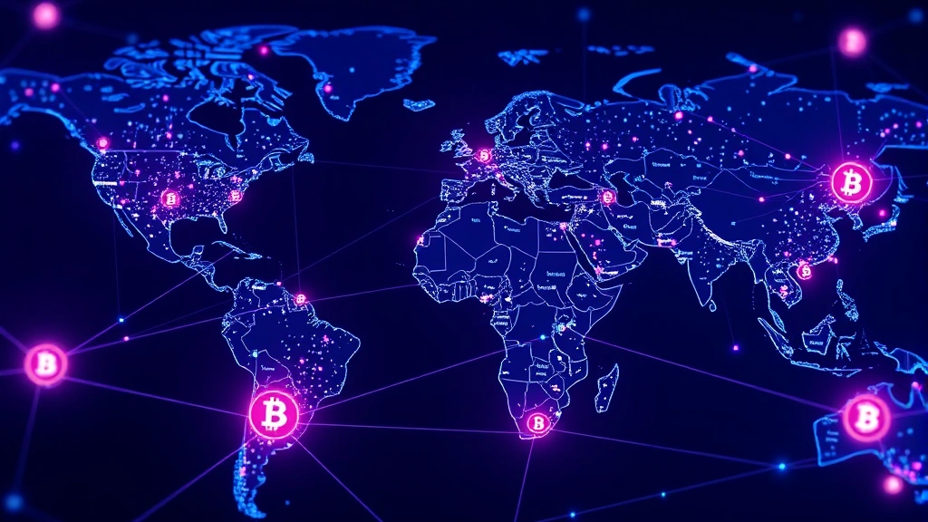 A futuristic digital visualization of blockchain networks interconnecting globally, with glowing nodes representing Solana and Bitcoin validators distributed across continents, photorealistic 3D rendering with deep blues and purples