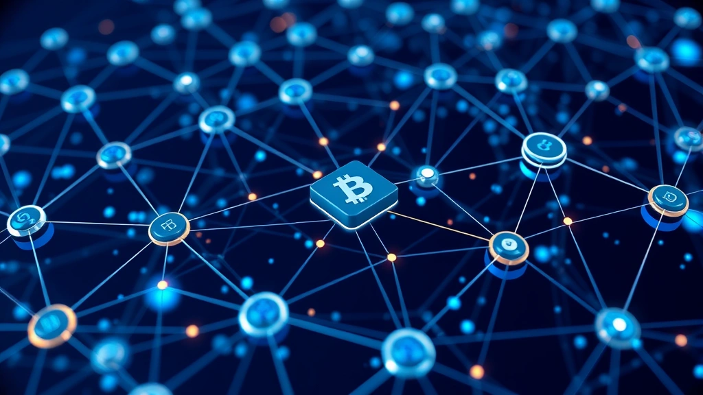 Blockchain network visualization showing interconnected nodes and data flows representing cryptocurrency infrastructure, security protocols, and distributed ledger technology