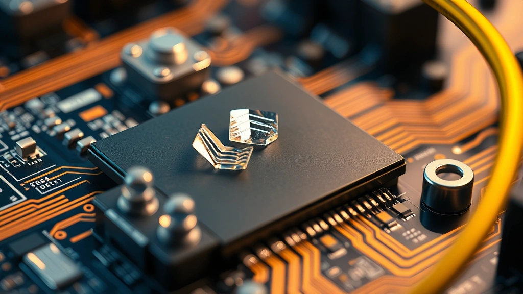 Close-up macro photography of computer circuit board components with crystalline structures and fiber optic cables, representing blockchain network infrastructure and validation processes, high detail photorealistic style