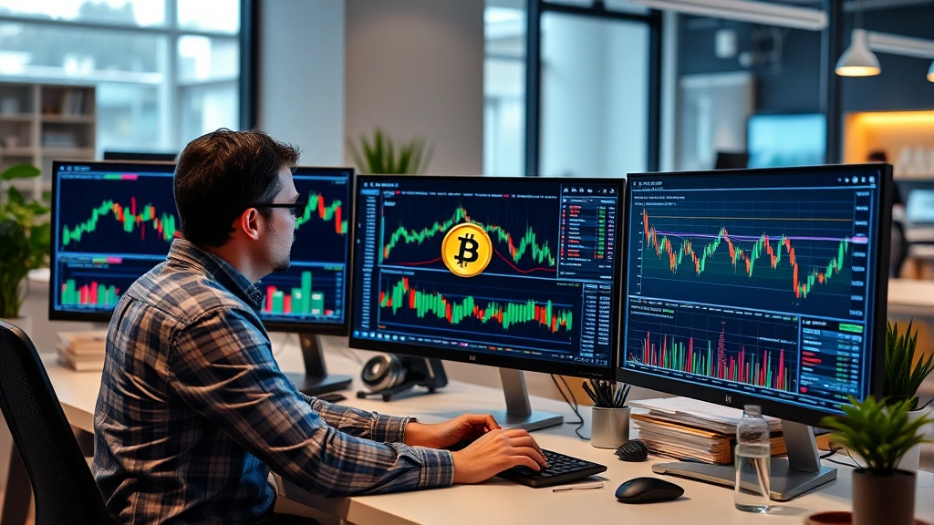 Cryptocurrency investor analyzing financial charts and cryptocurrency metrics on computer screens with Bitcoin and altcoin symbols in contemporary office workspace