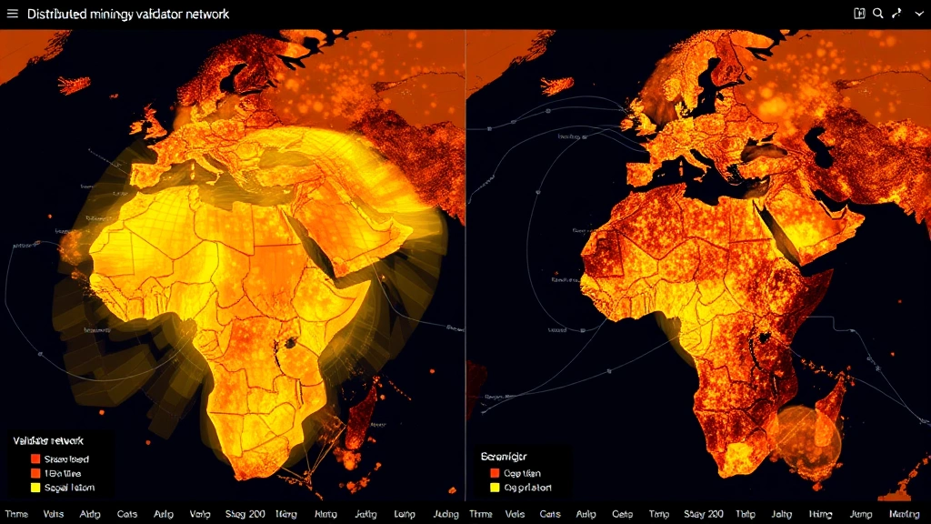A split-screen visualization showing Bitcoin's distributed global mining operations on one side and Solana's validator network on the other, with geographic heatmaps in photorealistic style, no text or labels
