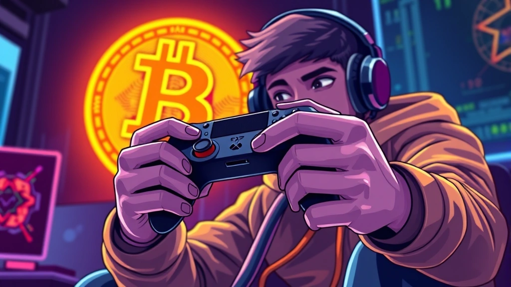 Digital illustration of a gamer holding a gaming controller with Bitcoin symbol glowing in the background, representing cryptocurrency gaming purchases in a futuristic setting