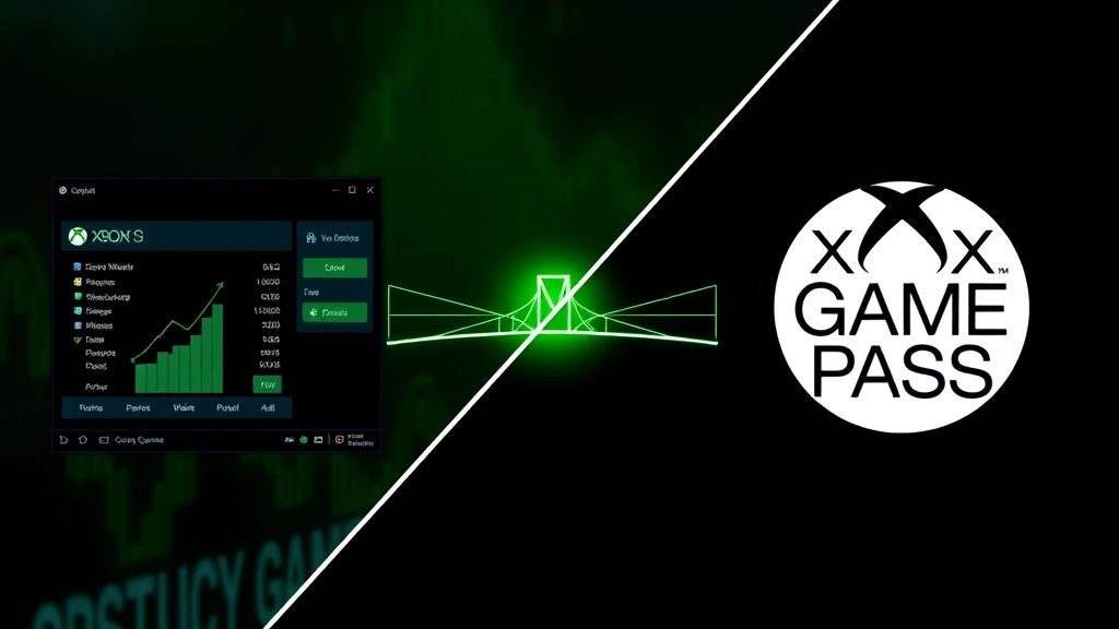Split-screen showing cryptocurrency wallet interface on one side and Xbox Game Pass logo on the other, connected by digital bridge symbolizing transaction flow