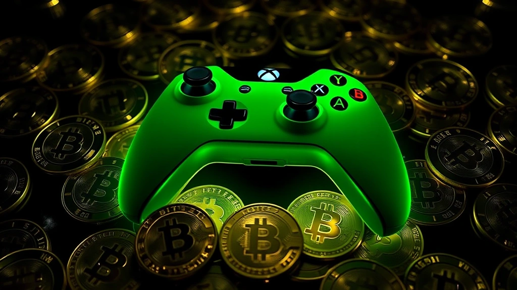 Photorealistic image of Bitcoin coins arranged in a circle around a glowing Xbox controller, emphasizing the intersection of cryptocurrency and gaming culture