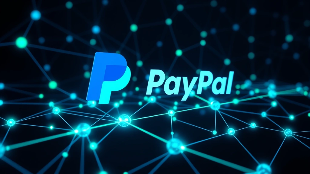 Digital illustration of a secure blockchain network with interconnected nodes glowing in blue and green, representing PayPal's cryptocurrency infrastructure and security protocols protecting Bitcoin transactions