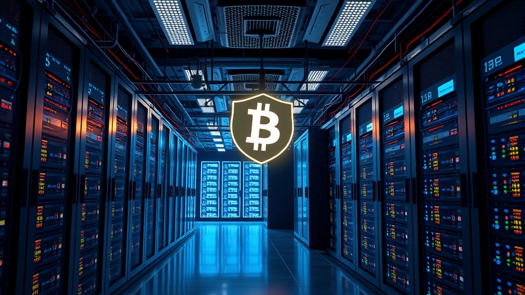 Photorealistic image of a modern financial data center with servers and security systems, symbolizing institutional-grade cryptocurrency custody and protection mechanisms