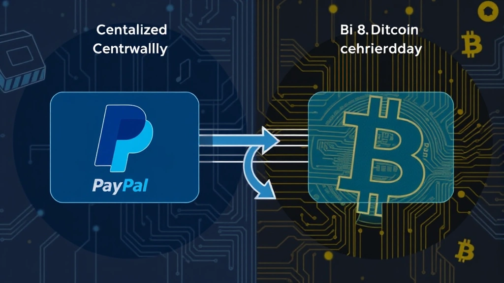 Visual representation of a digital wallet interface transitioning between centralized and decentralized systems, showing the relationship between PayPal custodial services and direct Bitcoin blockchain ownership