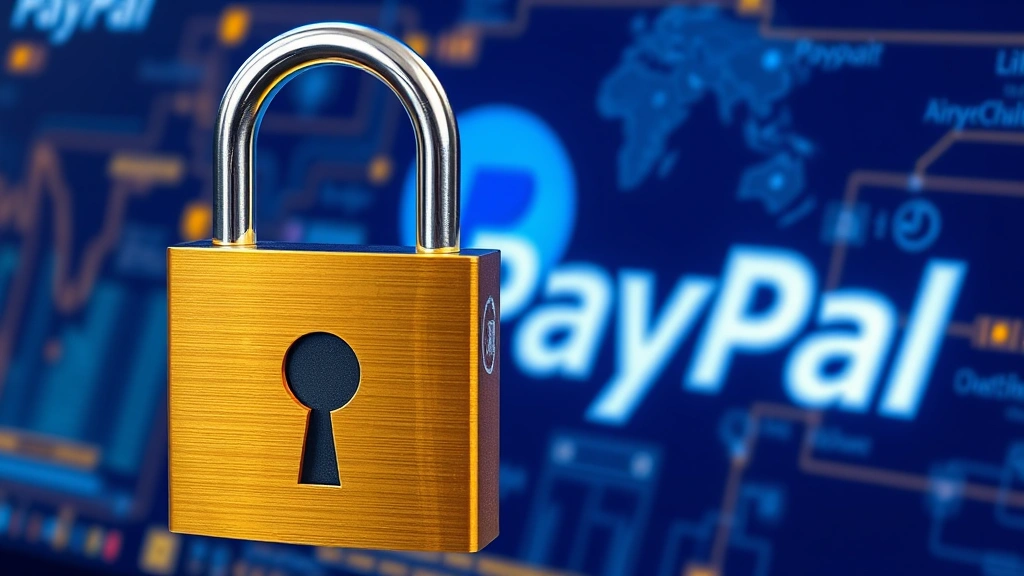 Digital security concept showing locked padlock over cryptocurrency wallet interface with PayPal logo visible in background, blue and gold color scheme, modern tech aesthetic