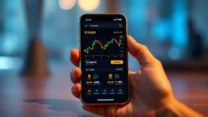 Photorealistic image of a smartphone displaying a mobile cryptocurrency trading app interface with Bitcoin charts and trading buttons, modern minimalist design, warm lighting, shallow depth of field, no text visible