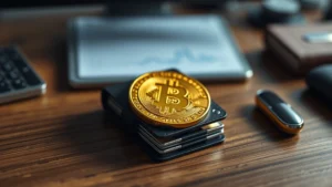 Photorealistic image of a secure Bitcoin hardware wallet sitting on a wooden desk with soft ambient lighting, showcasing physical cryptocurrency security
