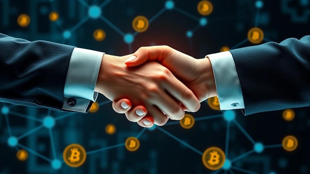 Photorealistic digital illustration of two hands completing a handshake over interconnected blockchain nodes and Bitcoin symbols, representing peer-to-peer trust