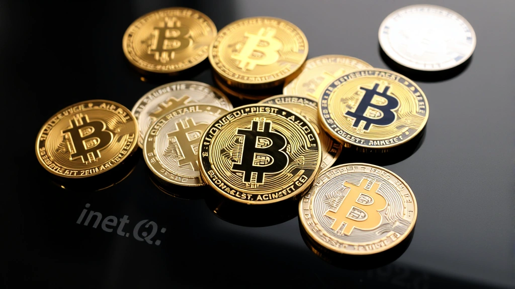 Multiple physical Bitcoin coins in various metallic finishes—brass, gold-plated, silver—arranged on a dark reflective surface with Bitcoin logos visible, professional lighting highlighting texture and detail, no text visible