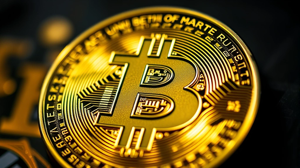 Close-up macro photography of a physical Bitcoin coin showing detailed security hologram, embossed patterns, and metallic surface texture, dramatic side lighting, depth of field focusing on hologram security feature