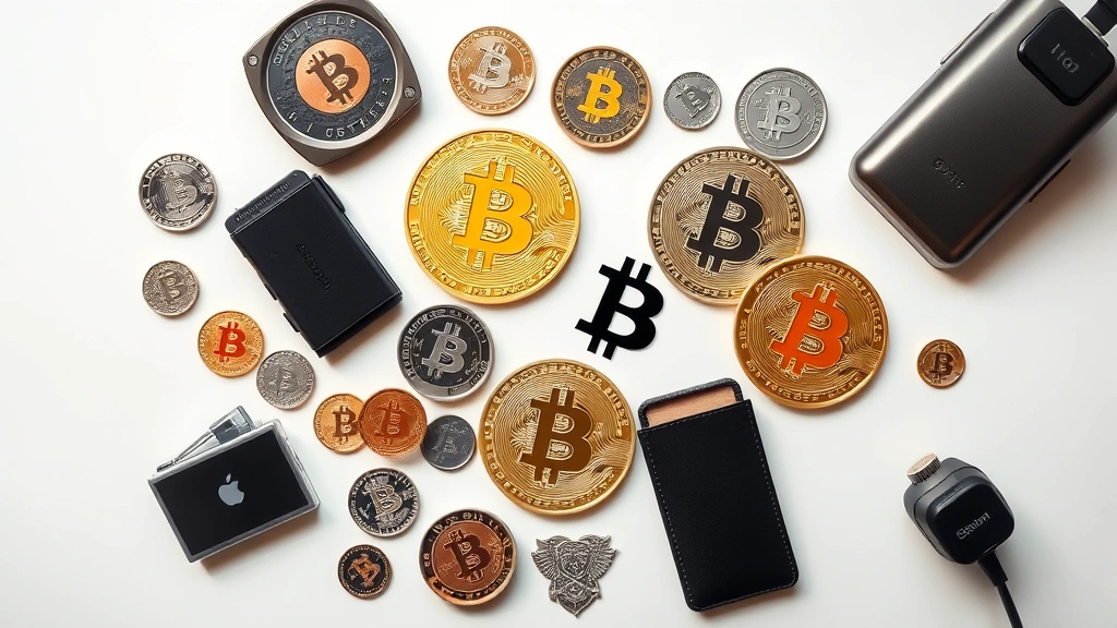Flat lay arrangement of physical Bitcoin collectibles including coins, tokens, and hardware wallet devices on a modern minimalist workspace, natural soft lighting, cryptocurrency-themed aesthetic without visible text or charts