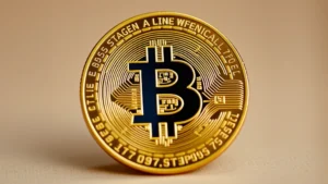 Close-up photograph of an authentic gold-plated physical Bitcoin coin with holographic security seal visible, showing intricate Bitcoin logo engraving and professional minting details against neutral background, shallow depth of field emphasizing craftsmanship