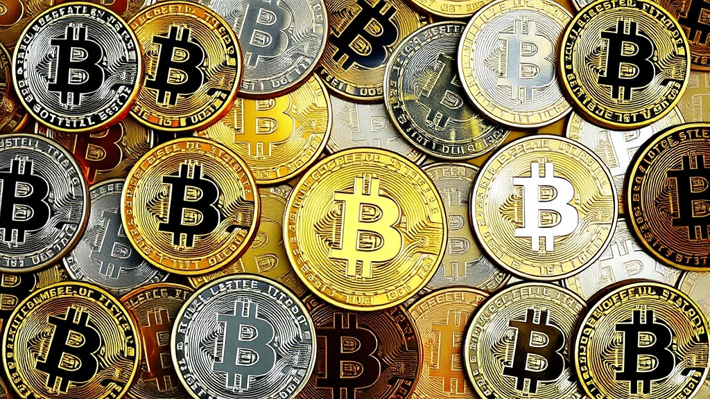 Overhead flat lay composition of multiple physical Bitcoin coins in various finishes arranged artfully with blockchain circuit patterns, displaying different designs and collectible variations without any readable text or numbers