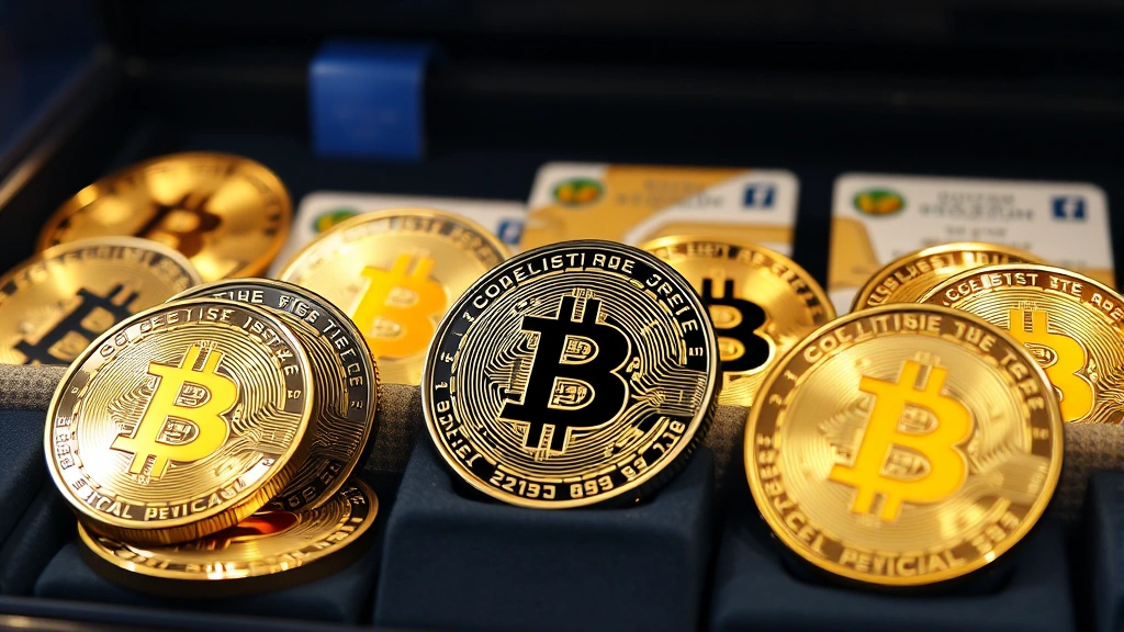 Photorealistic image of a collector's display case containing certified physical Bitcoin coins with professional lighting highlighting metallic surfaces, security features, and the distinctive Bitcoin symbol on each coin