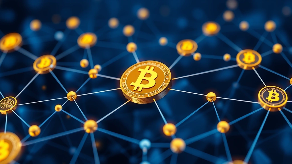 Digital blockchain network visualization with interconnected nodes and Bitcoin symbols, showing decentralized trading concept, photorealistic blue and gold colors, futuristic tech aesthetic