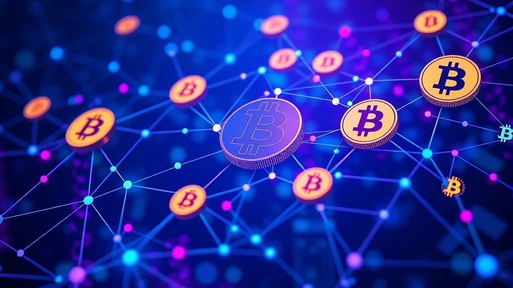 Digital blockchain network visualization with Bitcoin symbols and prediction market interface elements, showing interconnected nodes in blue and purple hues with cryptocurrency data streams flowing