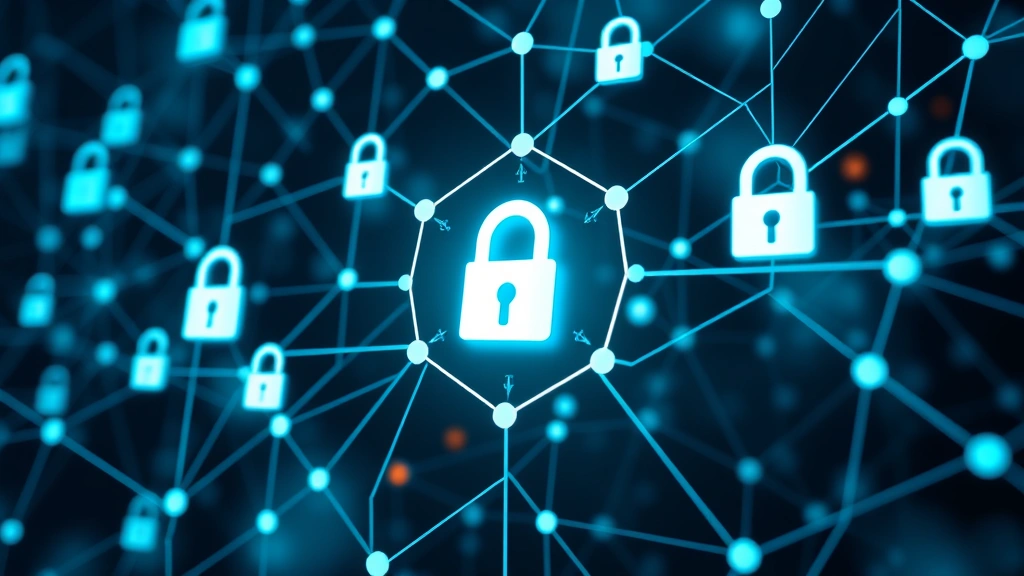 Blockchain security infrastructure with interconnected nodes and digital locks, representing decentralized ledger technology and smart contract security