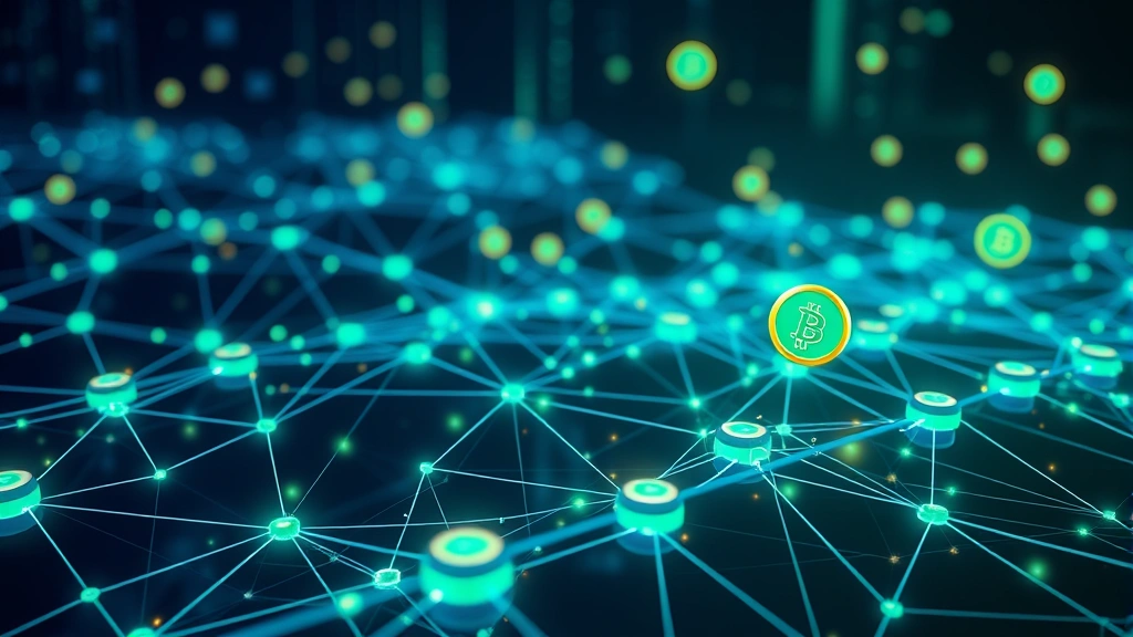 Futuristic blockchain network visualization with interconnected nodes representing decentralized prediction markets, digital coins floating in cyberspace, holographic market data overlays, dark blue and neon green color scheme, photorealistic 3D rendering of cryptocurrency technology infrastructure