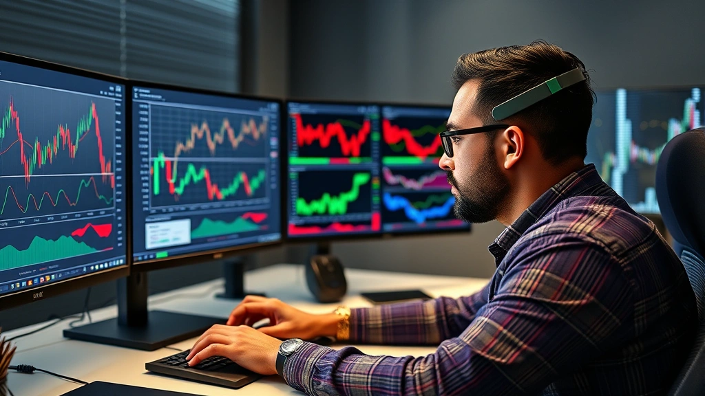 Cryptocurrency trader analyzing prediction market charts on multiple screens, focused expression, modern trading desk setup with blockchain data flowing, professional environment