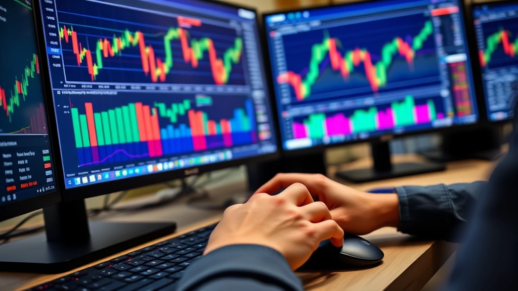 Close-up of a cryptocurrency trader's hands using keyboard and mouse at desk with multiple monitors displaying Bitcoin price charts and trading platforms in professional environment