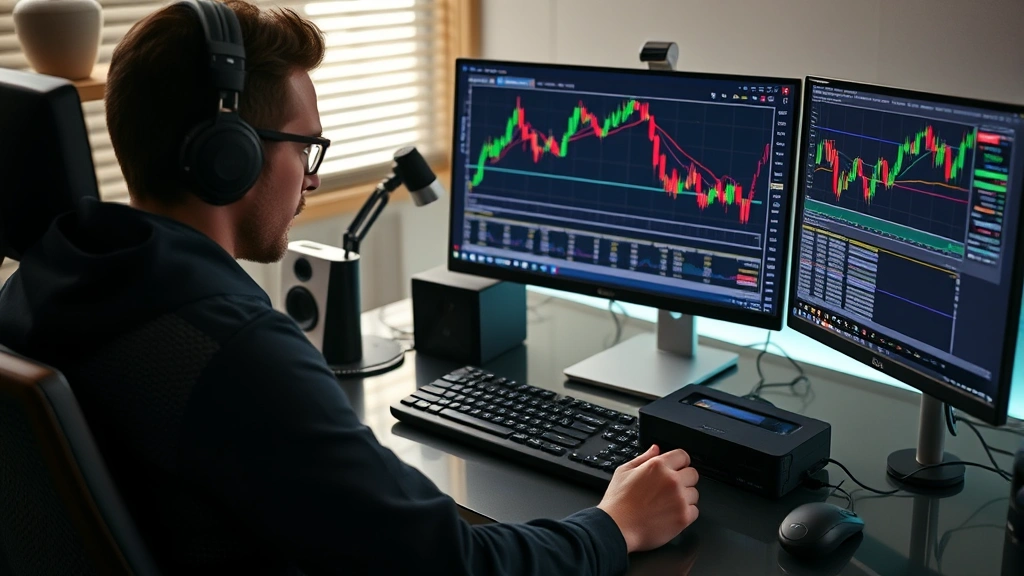 Cryptocurrency trader at computer workstation with hardware wallet and security setup, showing professional trading environment and risk management